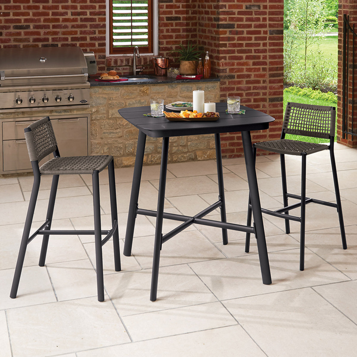 Oxford Garden Eiland 3-Piece 36 inch Bar Set, Mocha shown set up in an outdoor setting