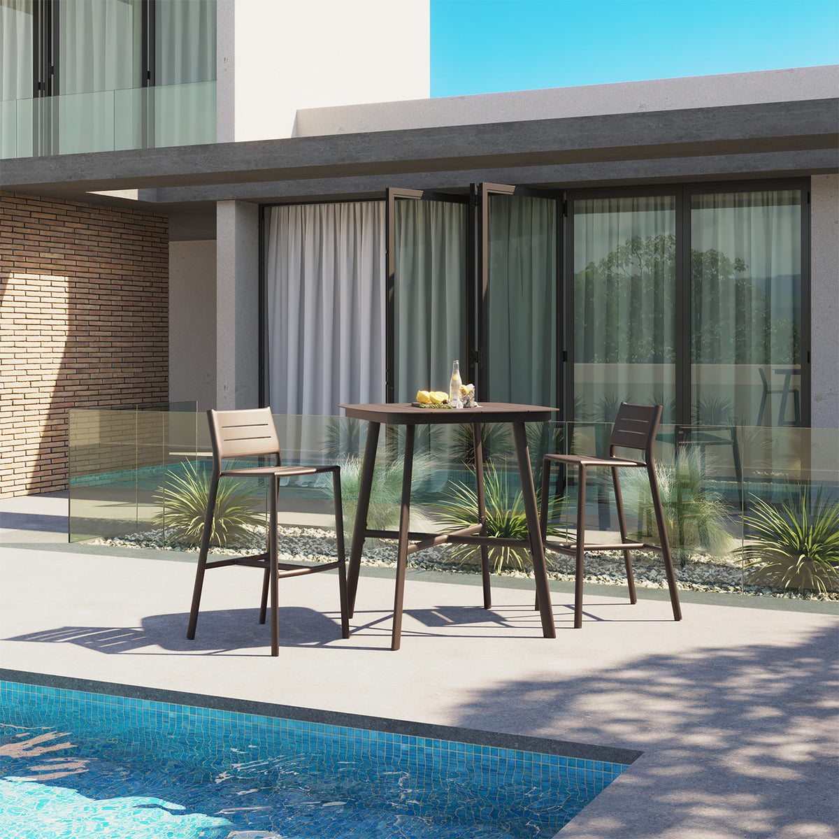 Oxford Garden Eiland Aluminum 3-Piece 36 inch Bar Set shown set up in an outdoor setting