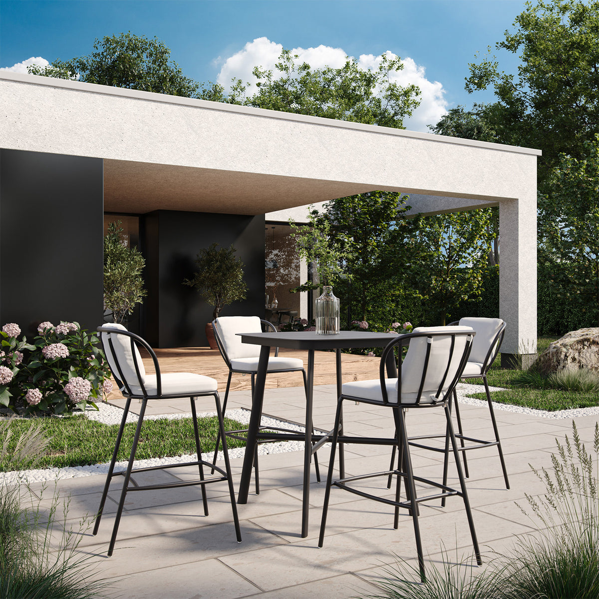 Oxford Garden Malti 5-Piece Square 36 inch Bar Set shown set up in an outdoor setting