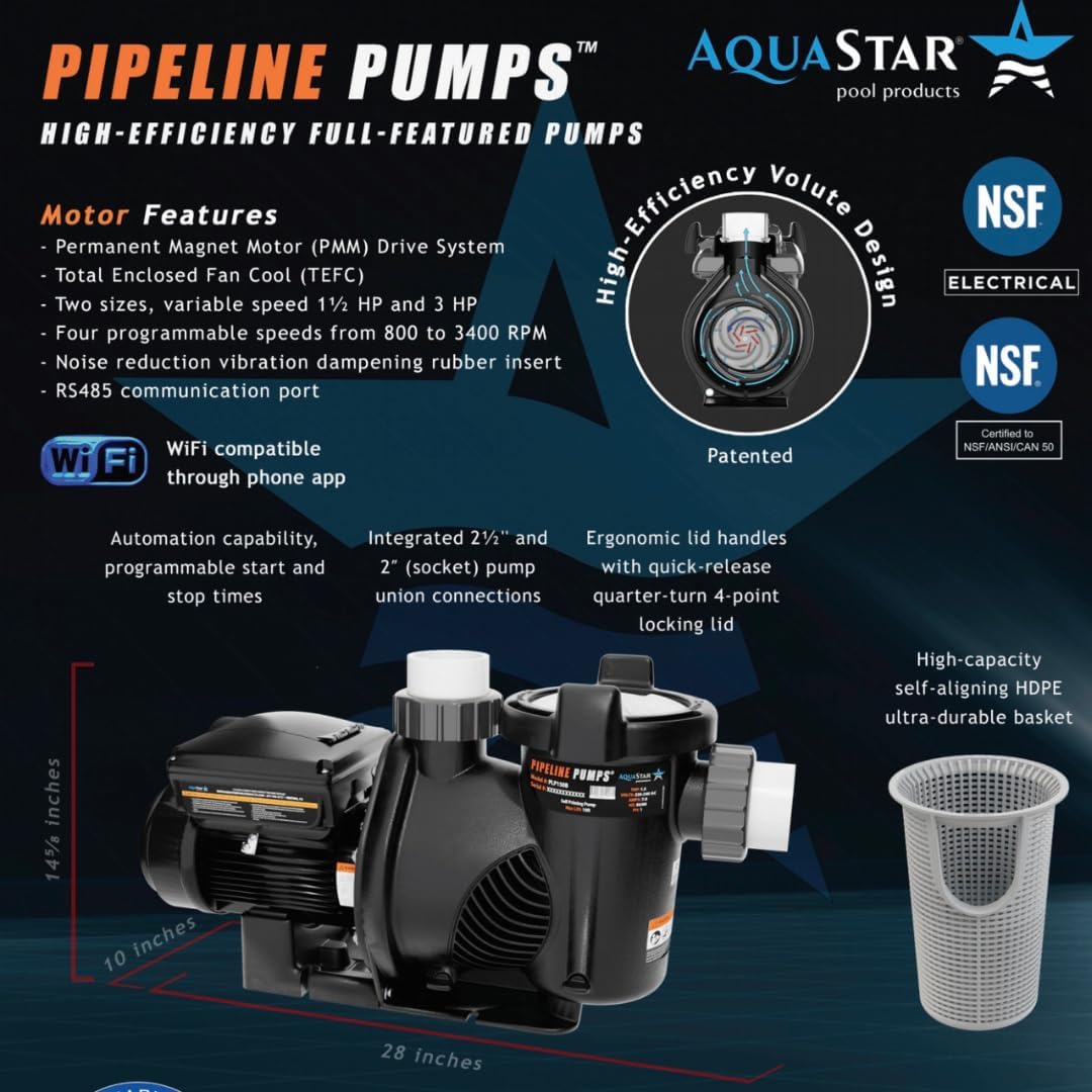 AquaStar PLP150S Variable Speed High-Efficiency 1.5HP Pool Pump