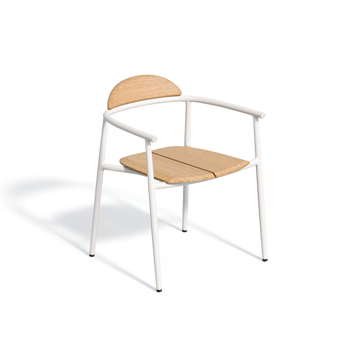 Low backed dining armchair with a teak seat on a Chalk powder coated aluminum frame, shown against a plain background