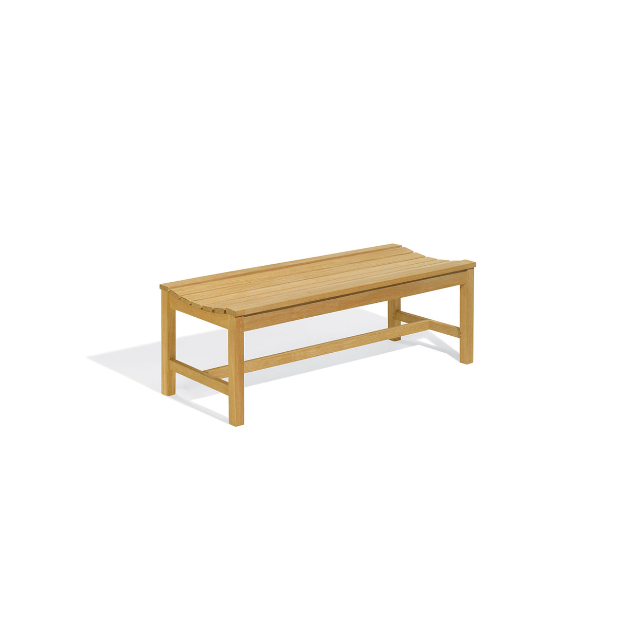 Backless slatted teak bench, four feet long, shown against a plain background