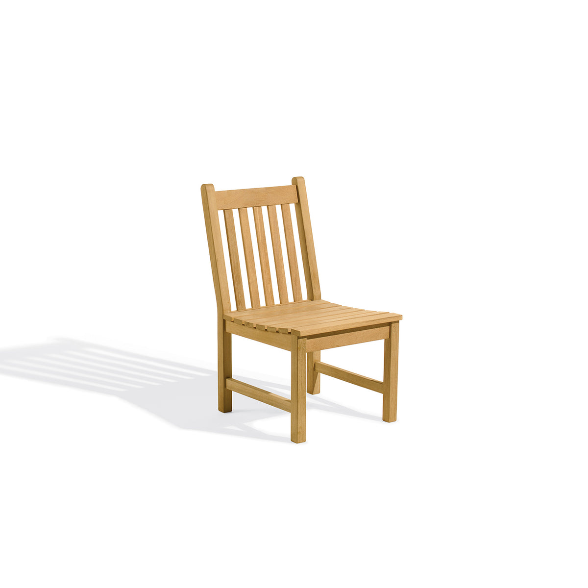 Armless teak dining chair with a tall contoured slat back, shown against a plain background