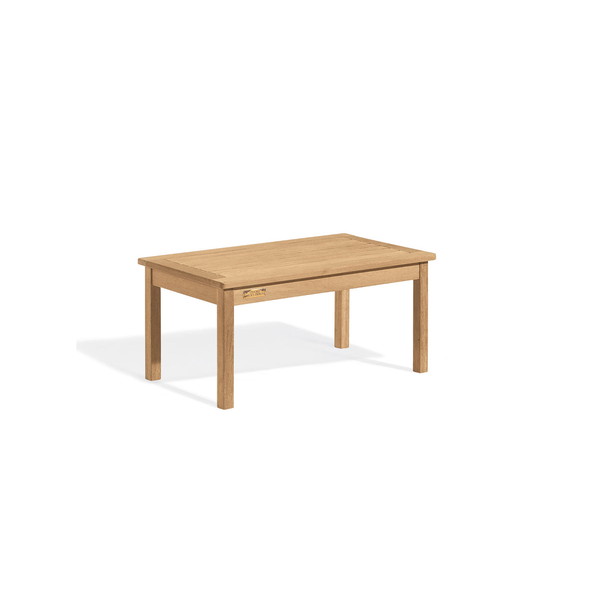 Low slatted teak coffee table, shown against a plain background