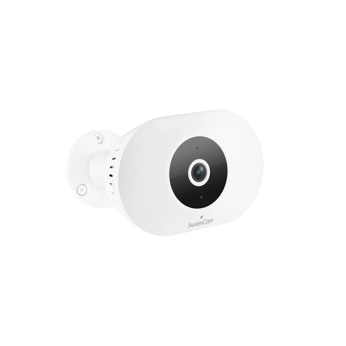 The same white pool camera seen at a three quarter angle, showing the mounting stem