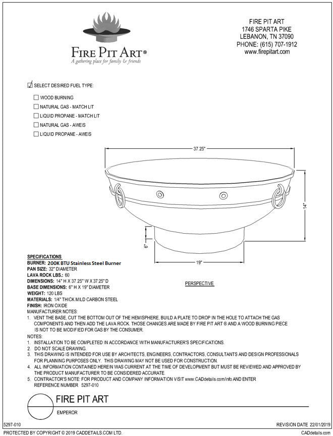 Fire Pit Art Emperor Fire Pit, 37.25", dimension drawing