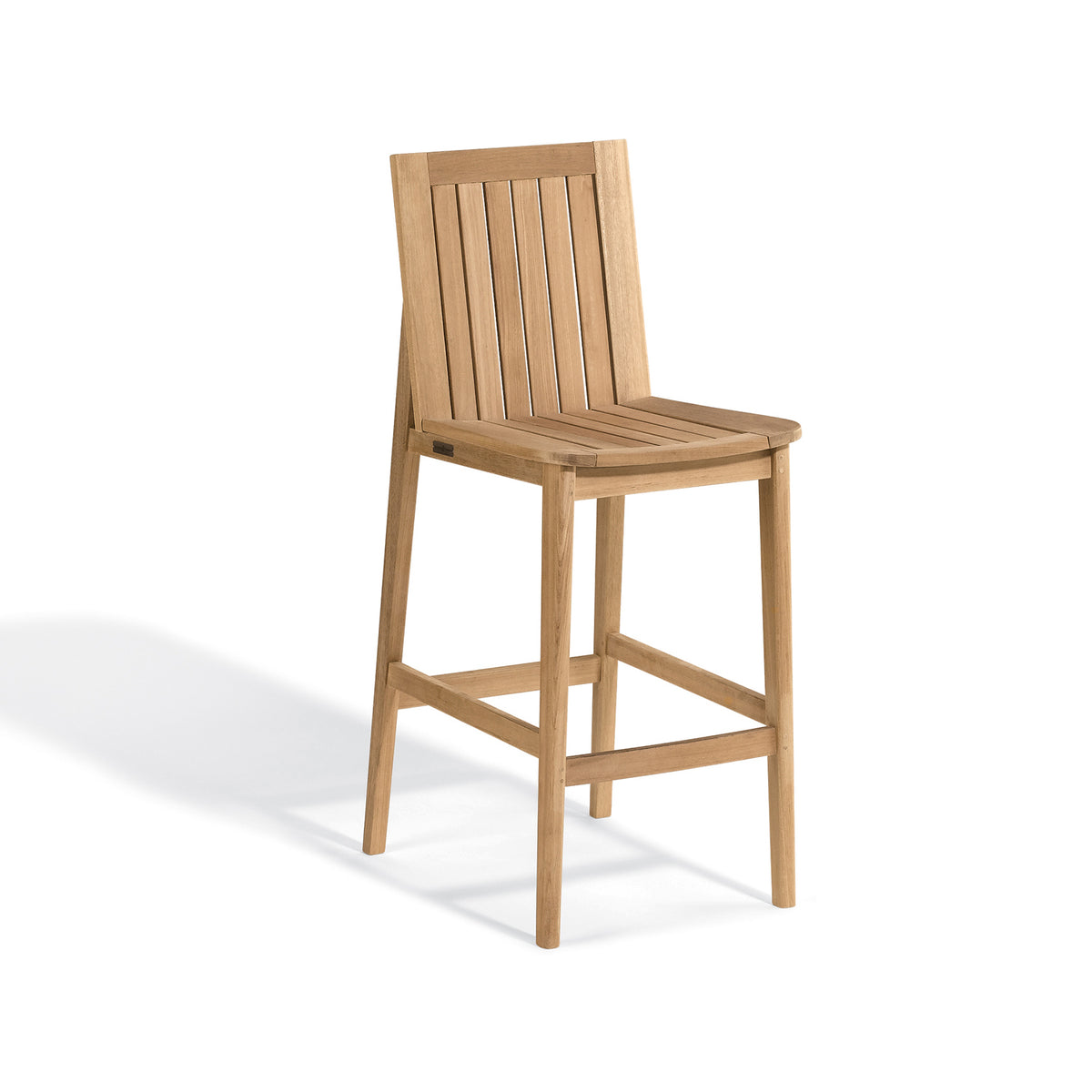 Tall teak bar chair with a slatted back and footrest, shown against a plain background