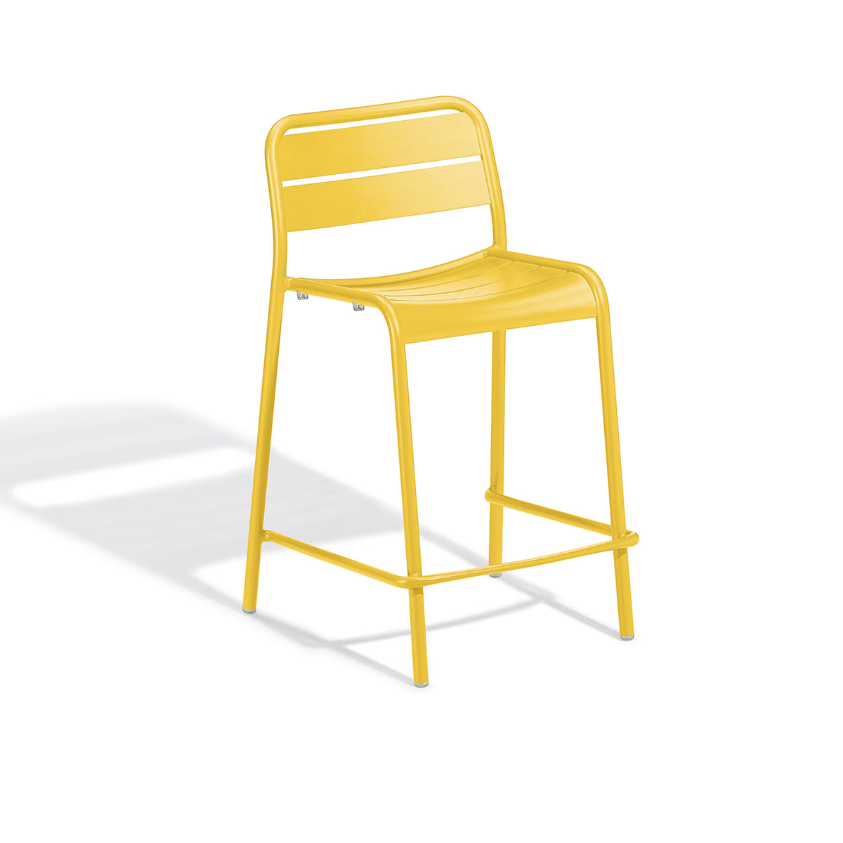 Stacking aluminum counter stool in a yellow Saffron powder coat, shown against a plain background