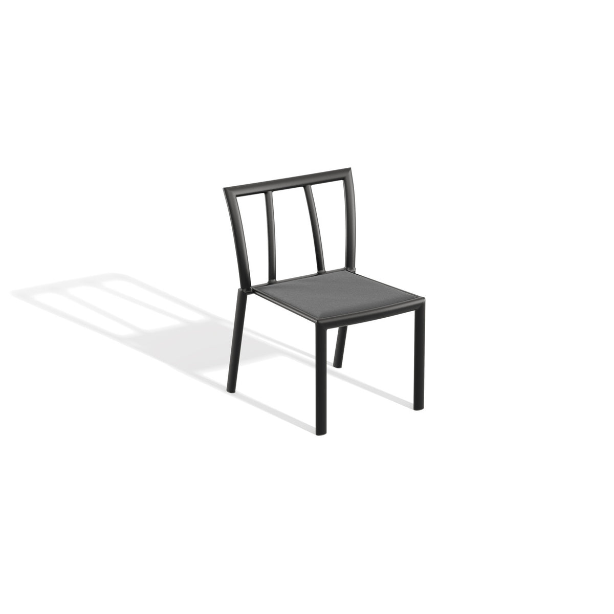 Armless open frame sling dining chair in Ninja sling on a Carbon powder coated aluminum frame, on a plain white background
