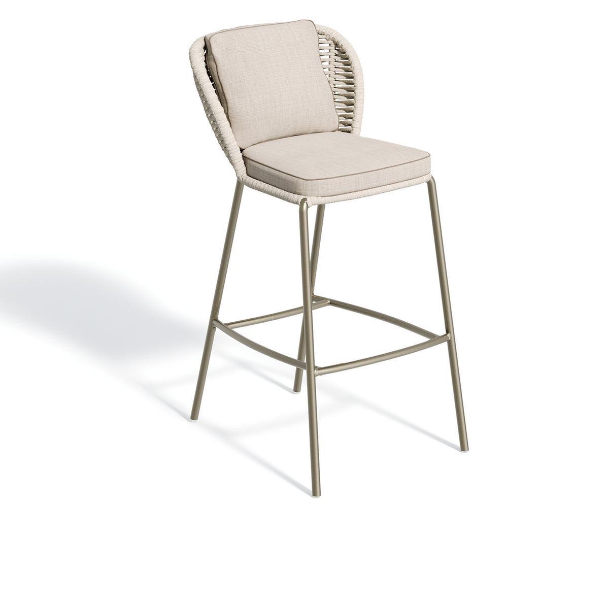 The same strap bar chair shown with a beige strap and a satin powder coat frame