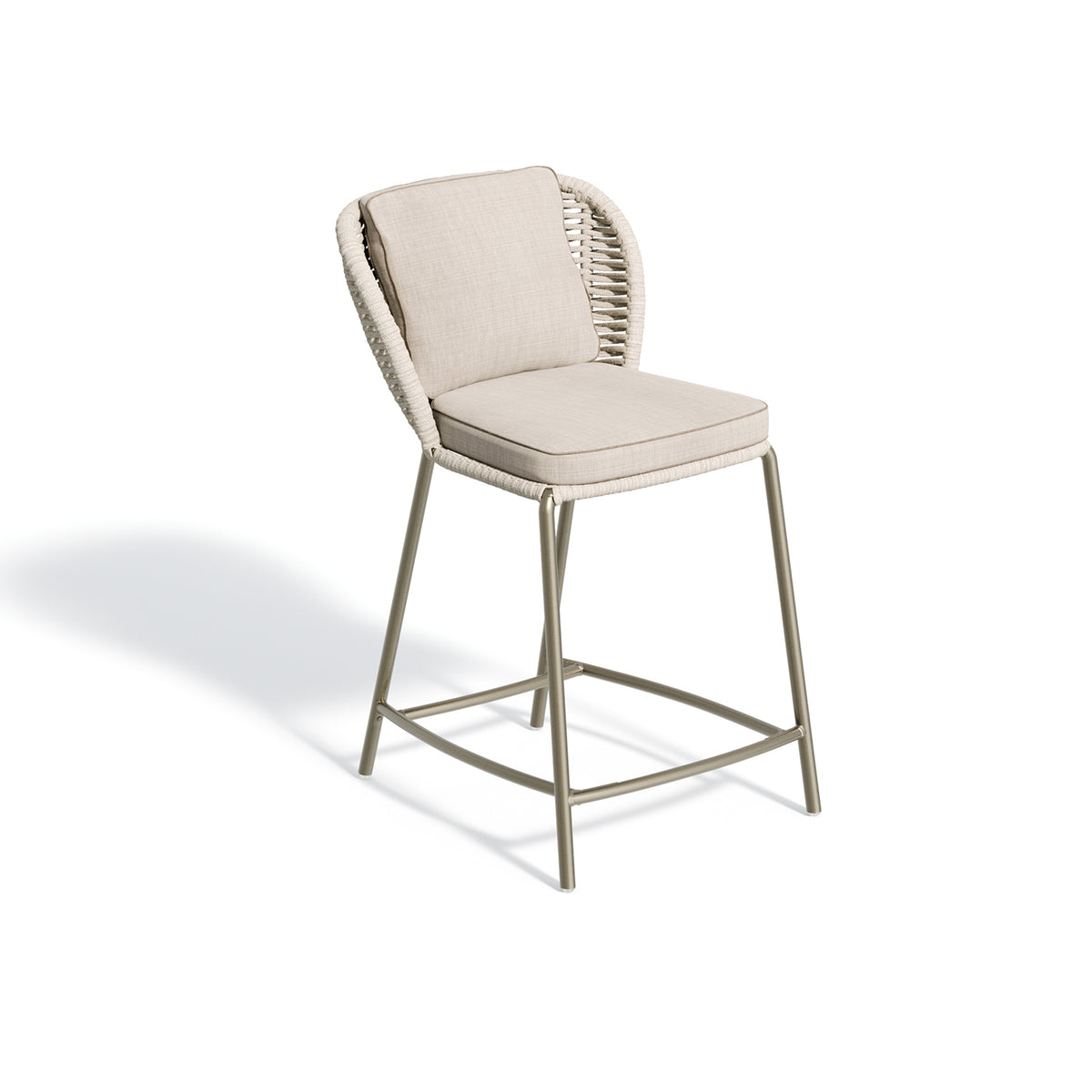 Counter height aluminum chair with a woven beige strap back and a satin powder coat frame