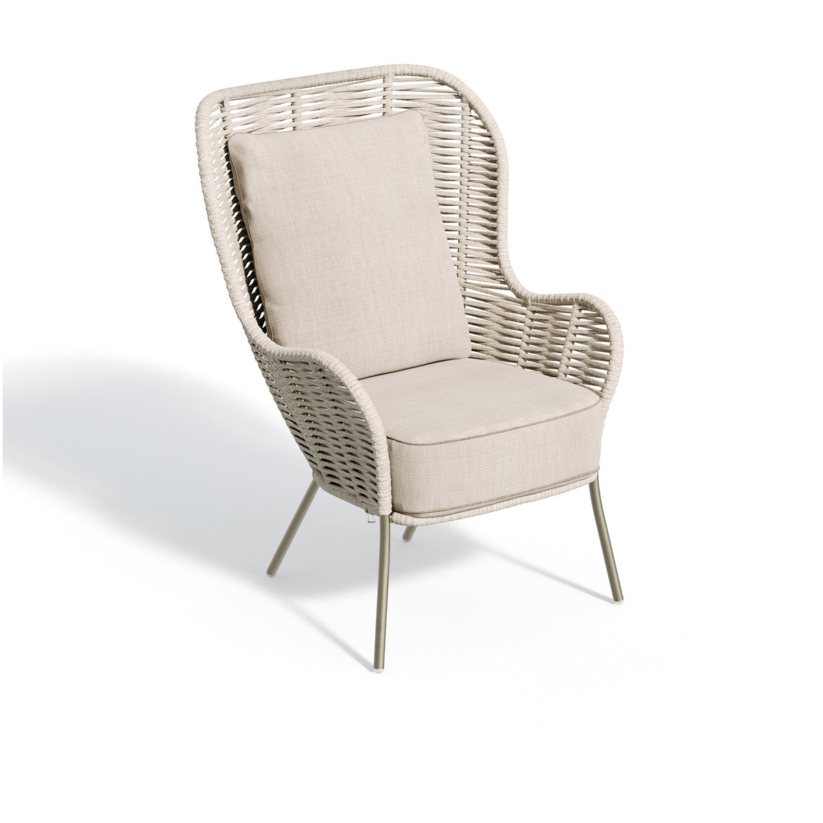 The same high back strap chair shown with a beige strap and a satin powder coat frame