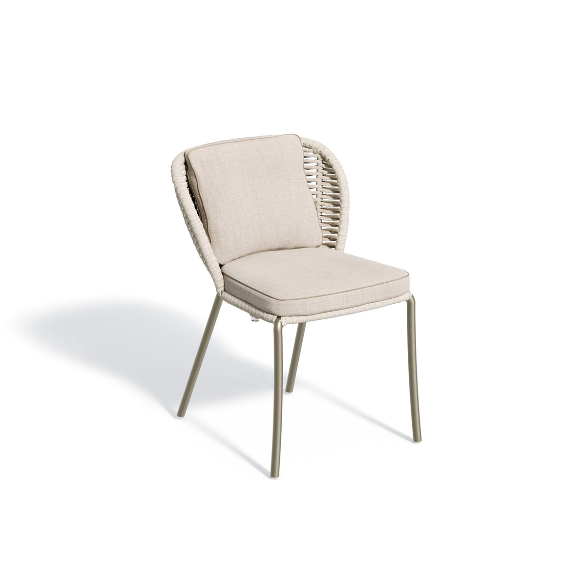The same strap side chair shown with a beige strap and a satin powder coat frame