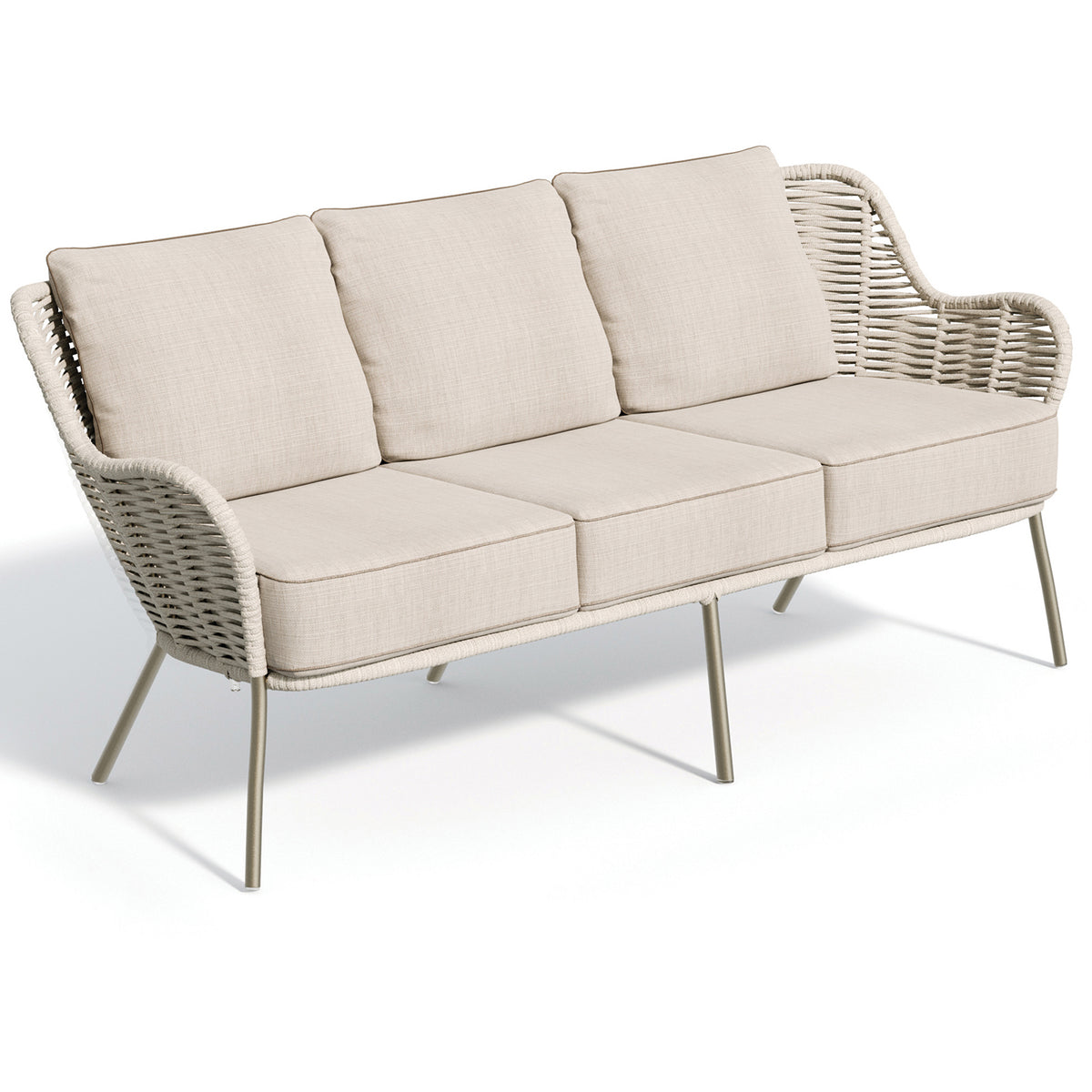 The same strap sofa shown with a beige strap and a satin powder coat frame
