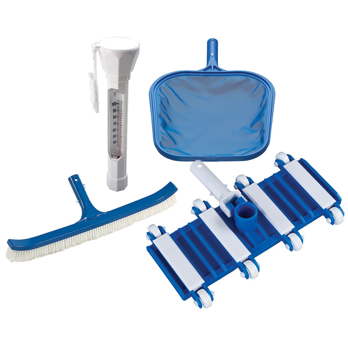Ocean Blue Deluxe Pool Maintenance Kit - Box Includes: Weighted Flex Vacuum, Skimmer With Snap Adapt Handle, 18 Curved Wall Brush With Snap Adapt Handle, And Deluxe Floating Thermometer | 010074