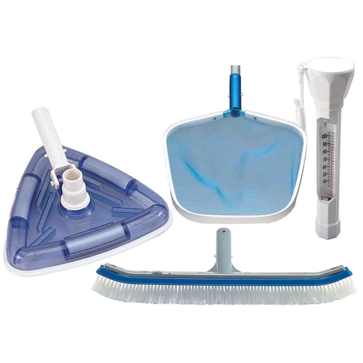 Ocean Blue Inground Maintenance Kit Box Includes: Weighted Transparent Triangular Vacuum, Aluminum Frame Leaf Skimmer, 18 Curved Aluminum Back Wall Brush, And Deluxe Floating Thermometer | 010116