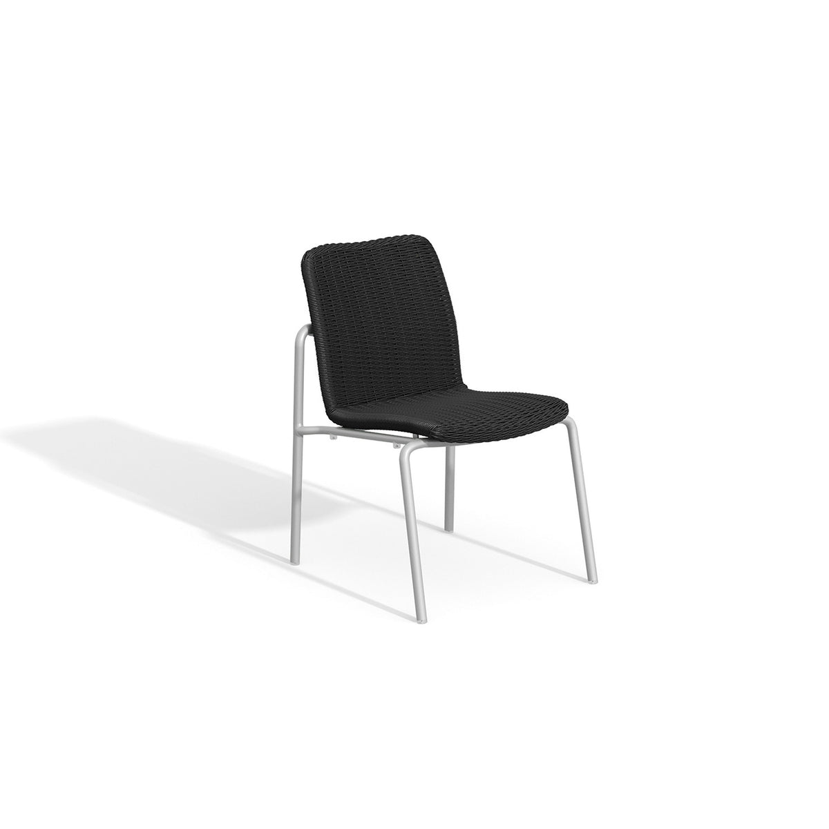 Armless woven resin wicker dining chair in the Shadow colorway on a Flint powder coated frame, photographed on a plain white background