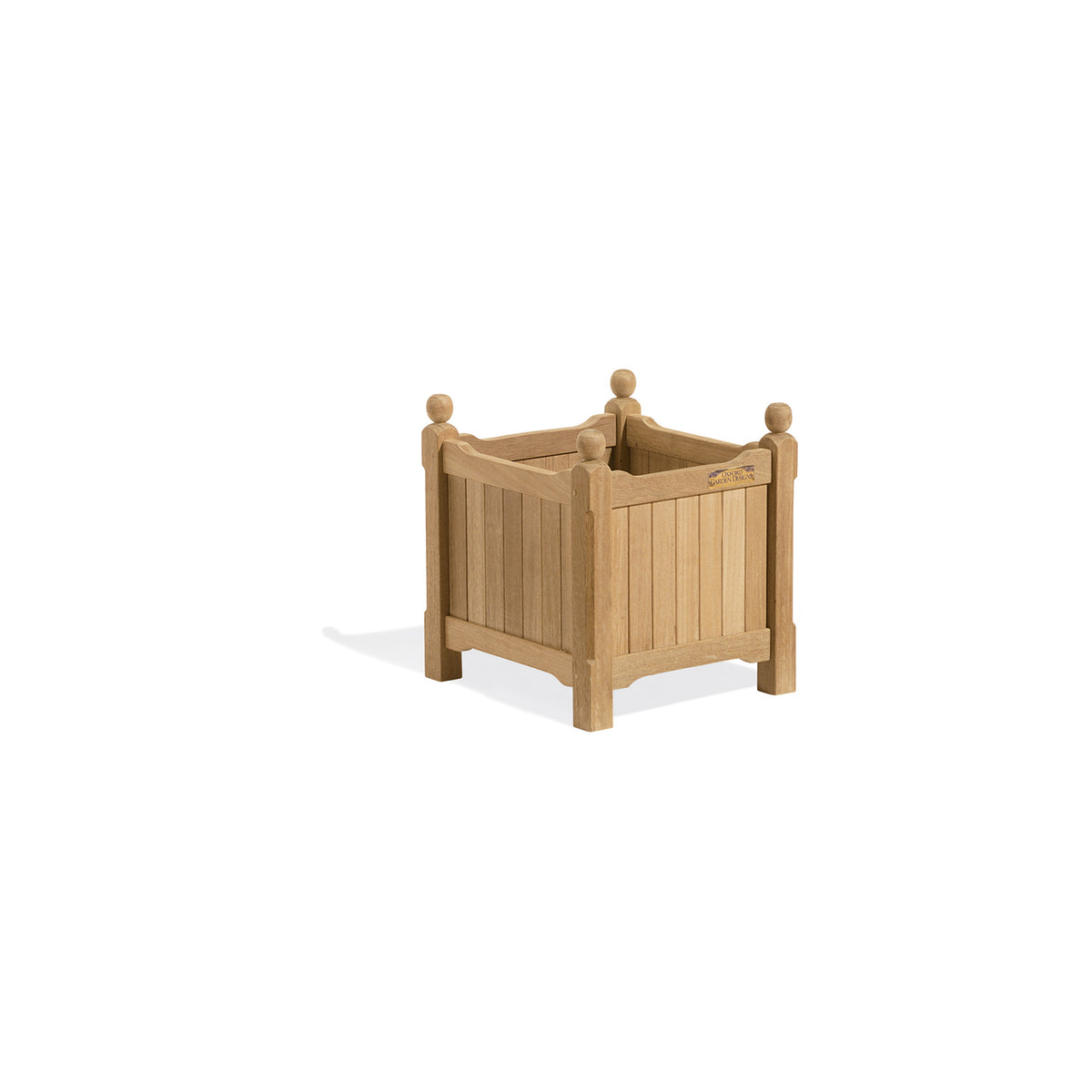 Fifteen inch square English planter in natural teak with turned uprights and finials, shown against a plain background