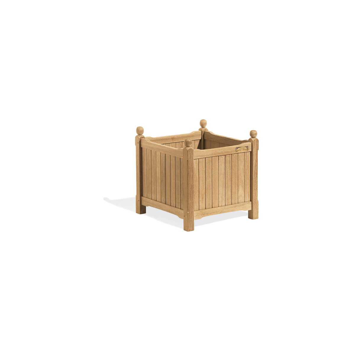 Nineteen inch square English planter in natural teak with turned uprights and finials, shown against a plain background