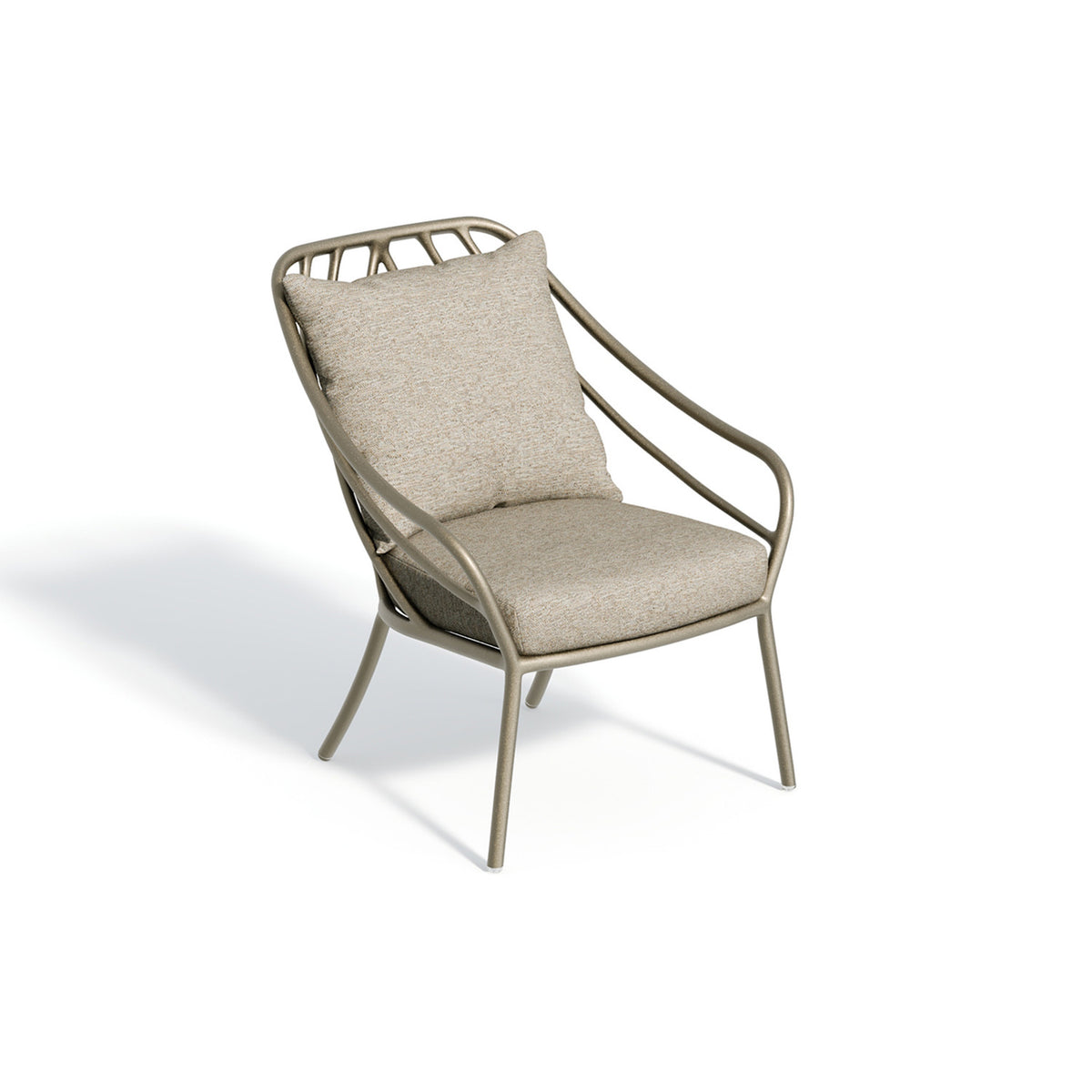Deep seat lounge chair with Mainstreet Dove Sunbrella cushions on a Satin powder coated aluminum frame, on a plain white background