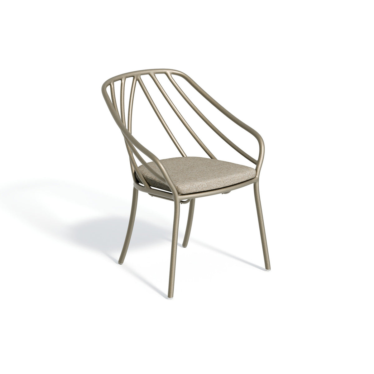 Curved frame dining armchair with a Mainstreet Dove seat pad on a Satin powder coated aluminum frame, on a plain white background