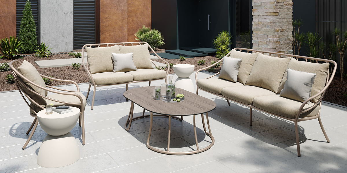 Seavo lounge seating with Sunbrella cushions arranged on an outdoor terrace