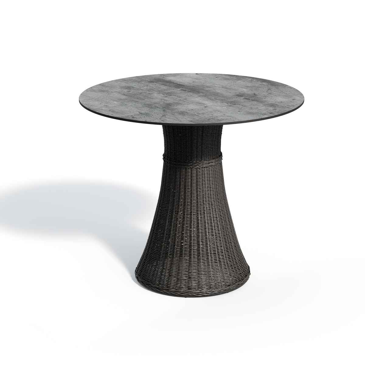The same bar table in the pale Skyline decor on a dark woven pedestal