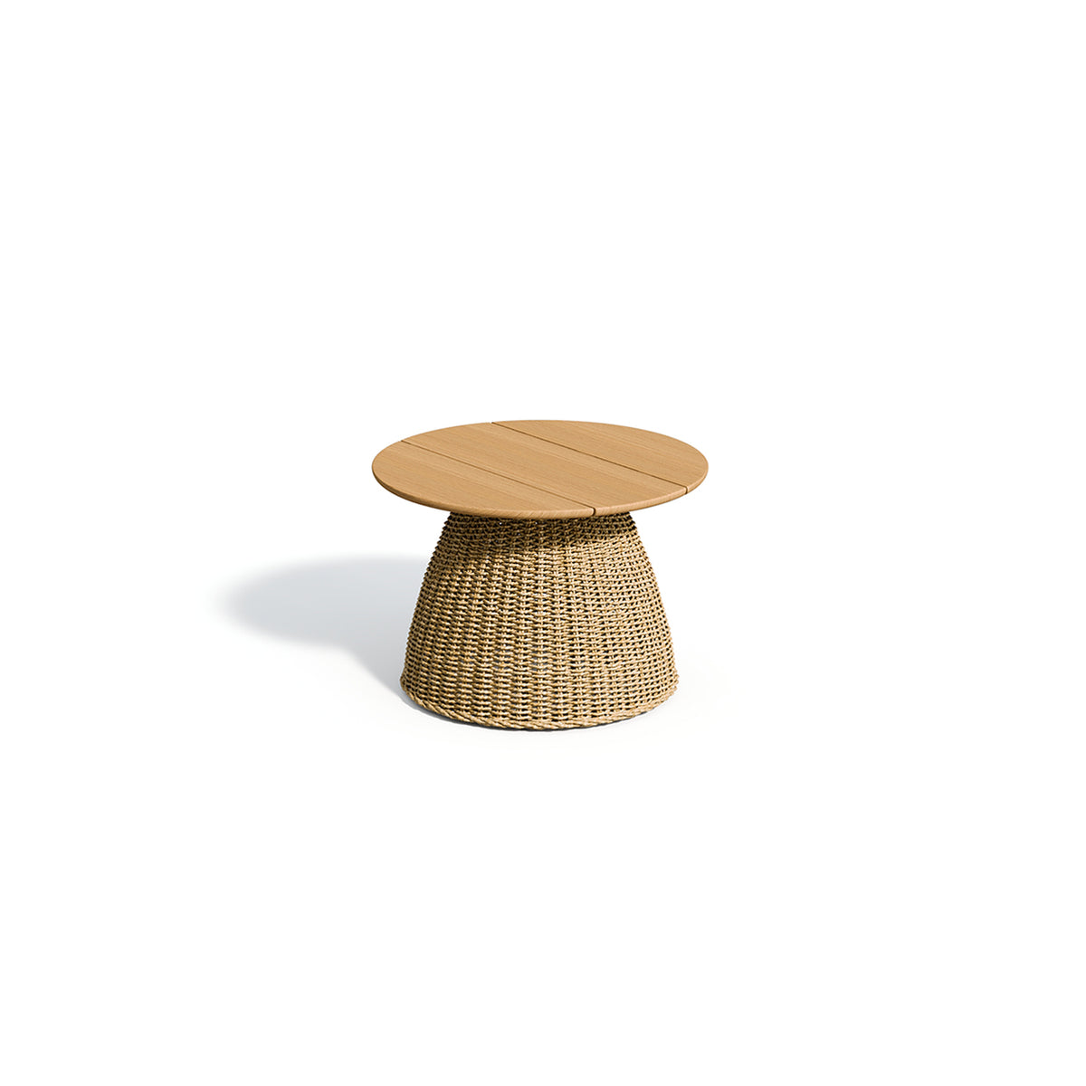 The same teak topped side table on a pale Flax woven base
