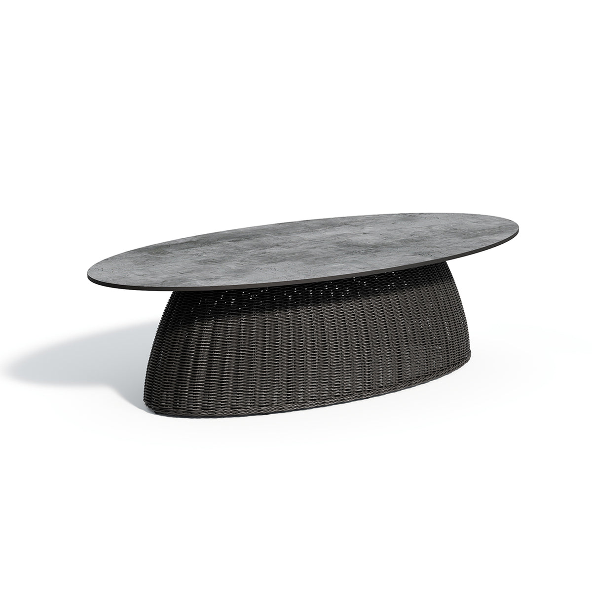 The same coffee table in the pale Skyline decor on a dark woven base
