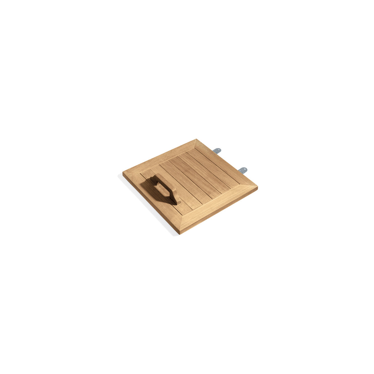 Hinged teak lid for the twenty two inch trash receptacle, shown against a plain background
