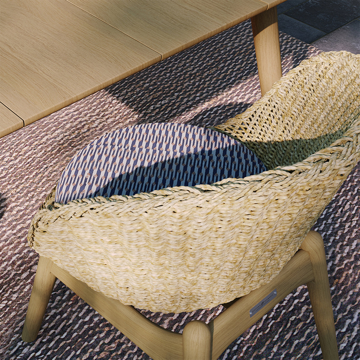 Close view of the teak slat top and the umbrella plug