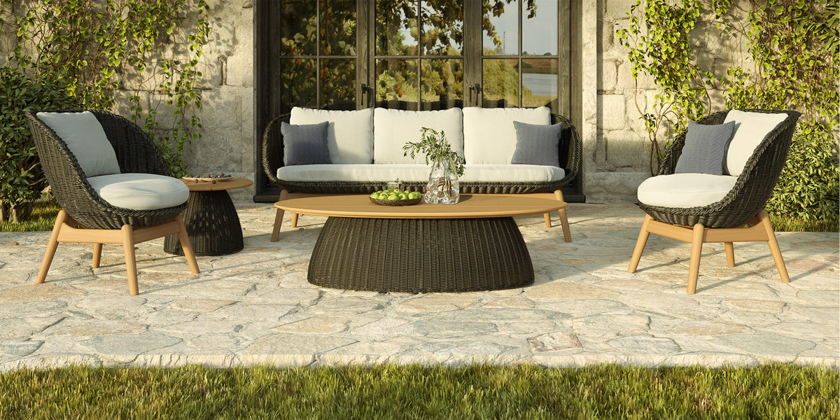 The woven lounge pieces in the collection shown side by side