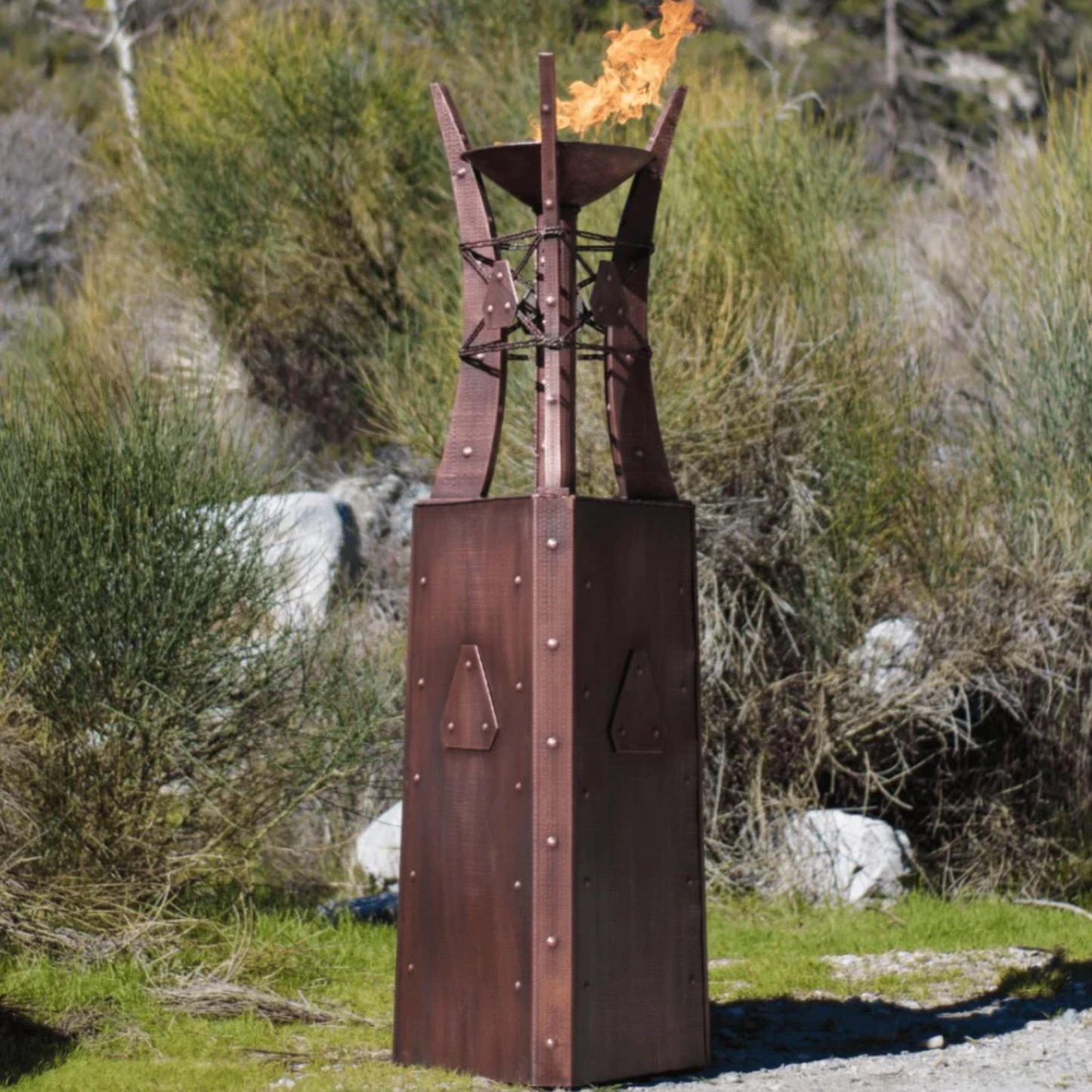 The Outdoor Plus 24" Triangular Bastille Outdoor Fire Tower - Copper - Match Lit - Natural Gas | OPT-FTWR3-NG