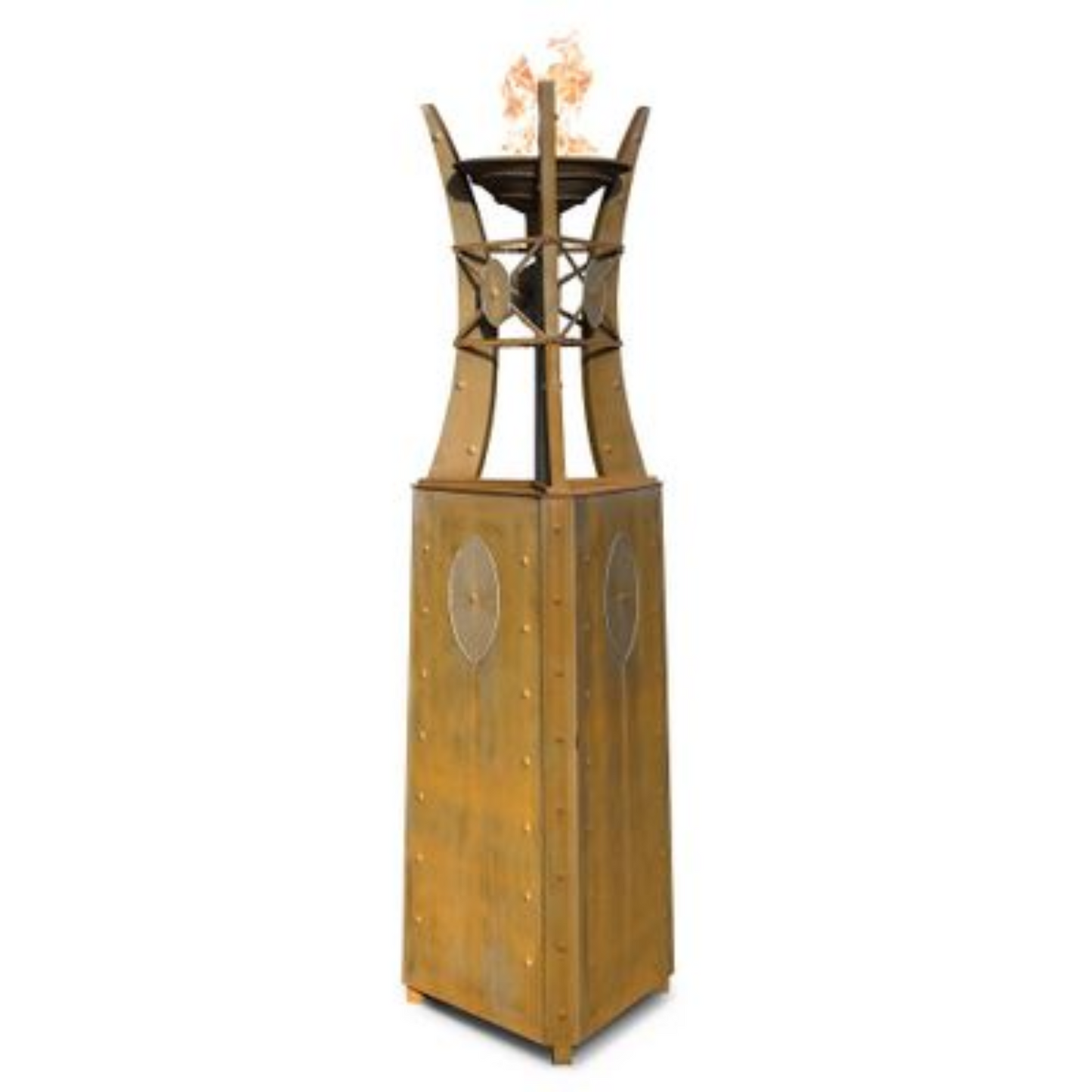 The Outdoor Plus 24" Triangular Bastille Outdoor Fire Tower - Corten Steel - Match Lit - Natural Gas | OPT-FTWR2-NG