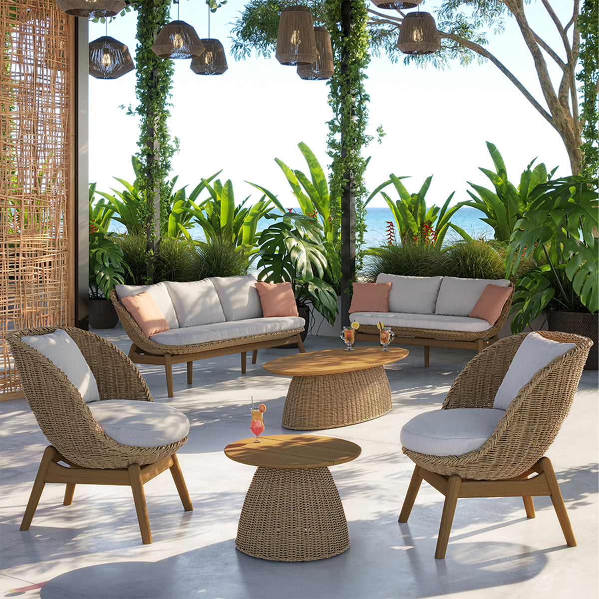 Woven deep seating in the pale Flax colorway arranged around a teak topped low table