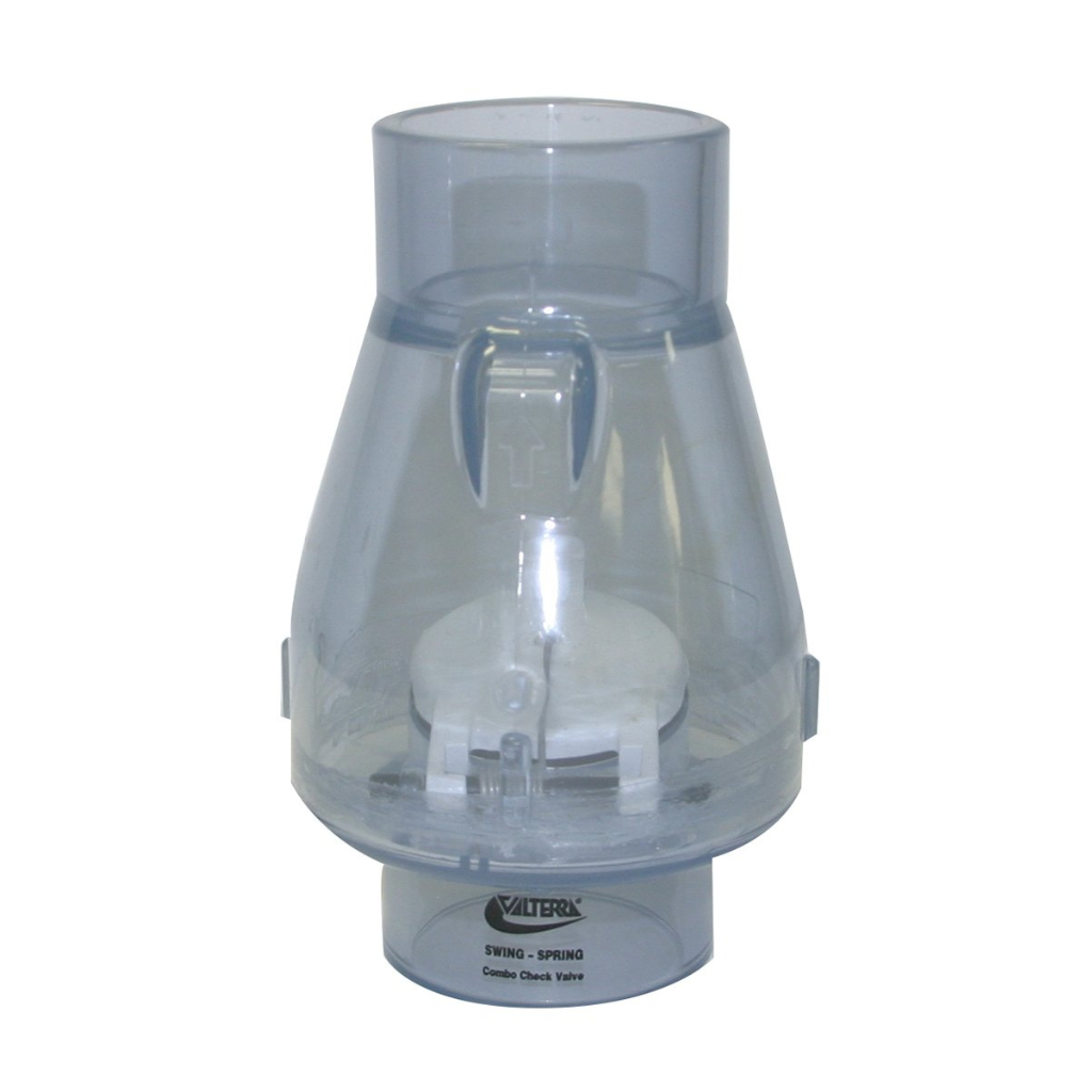 Clear Valterra Check Valve, 2in, Slip x Slip, durable backflow prevention for pools.