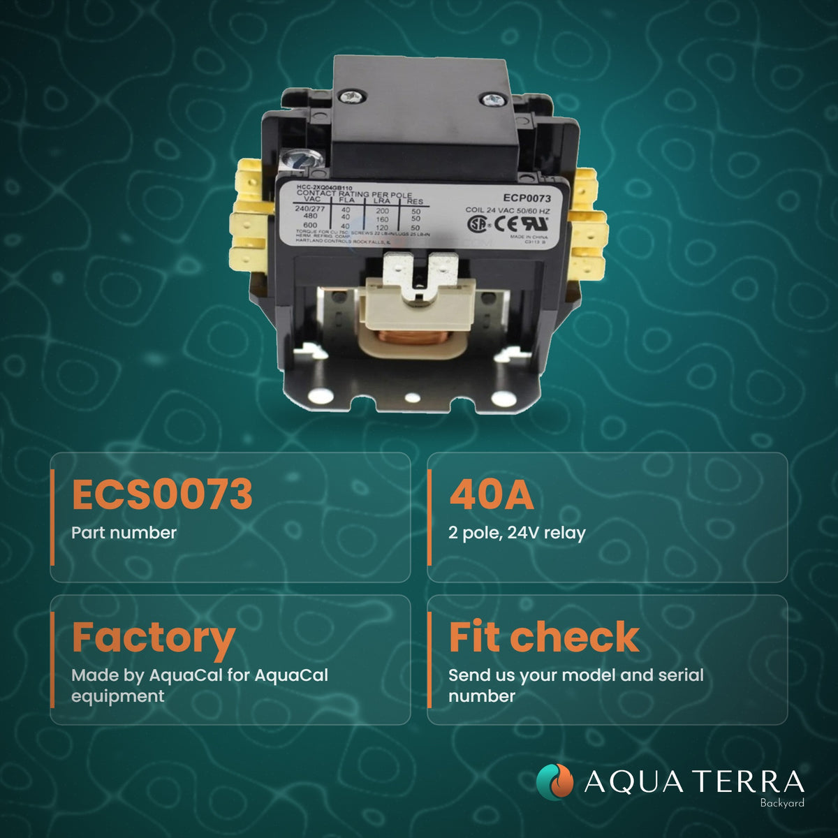 AquaCal Relay, 40A, 2-Pole, 24V, model ECS0073, view 3