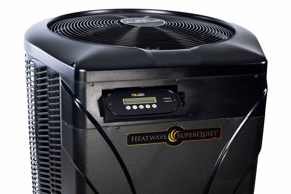 AquaCal HeatWave SuperQuiet SQ200 pool heat pump top view with control panel and fan