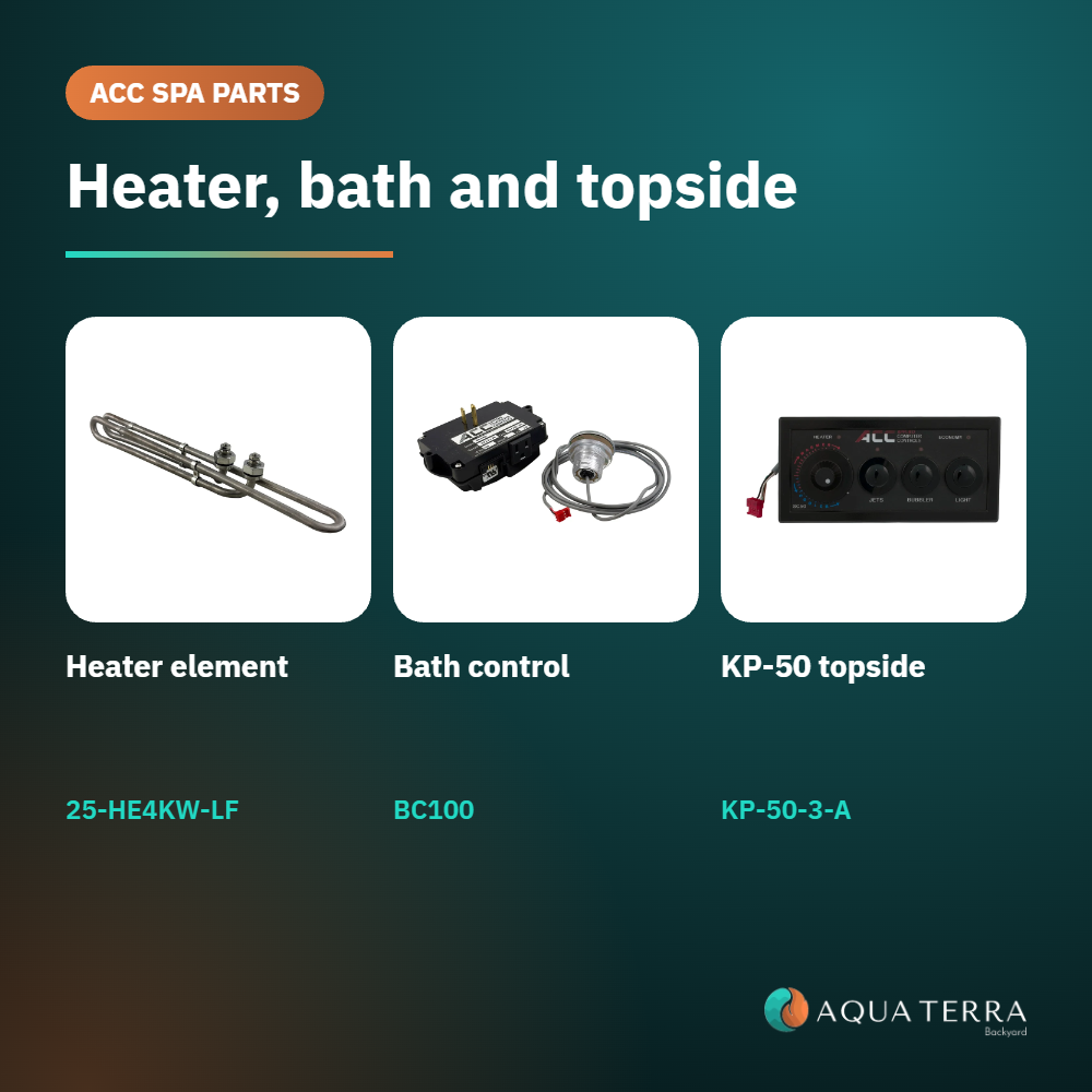 ACC BC100 bath control shown with the ACC heater element and topside control lineup