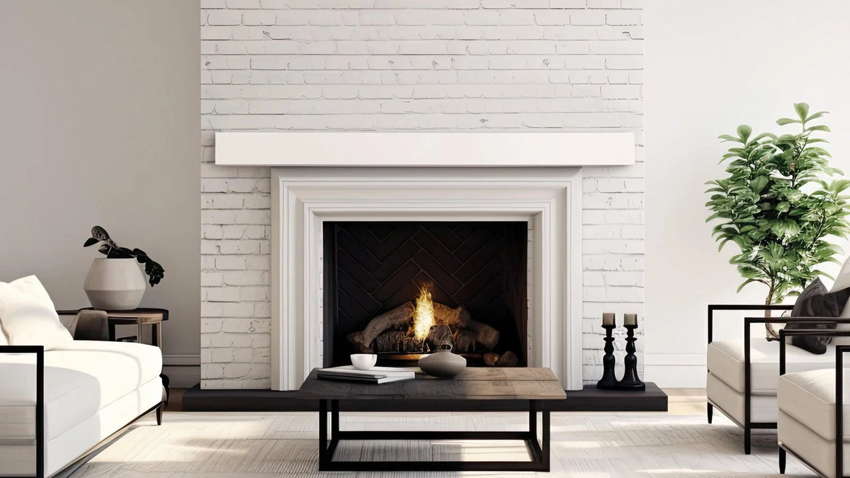 Lexington Hearth Classic mantel over a white brick fireplace