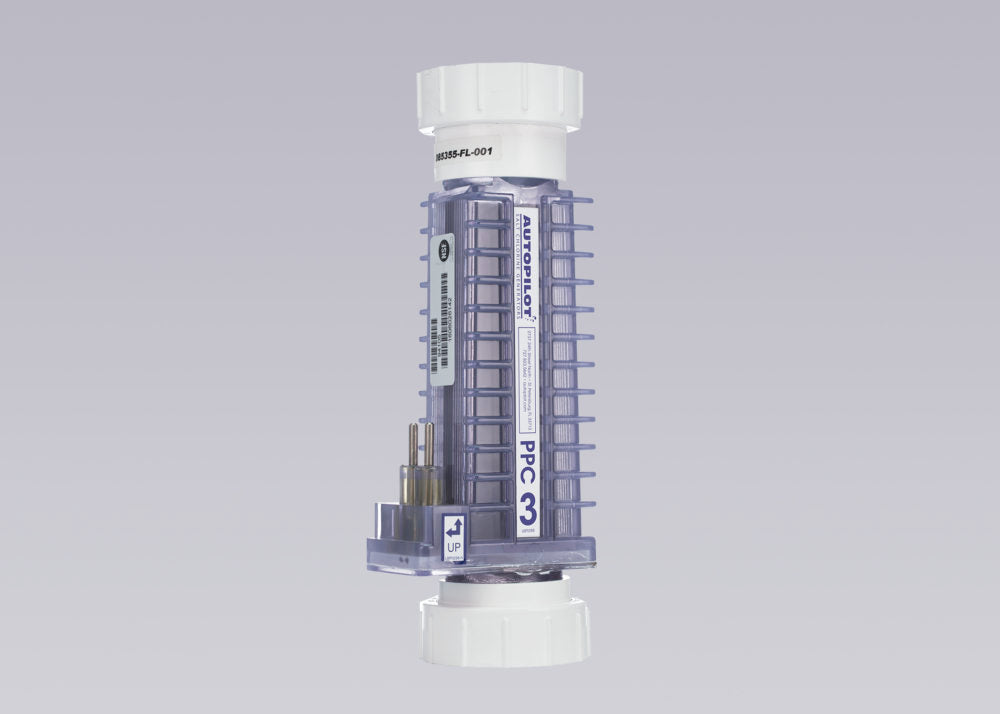 Vertical view of AutoPilot PPC3 replacement salt cell with unions for Pool Pilot system
