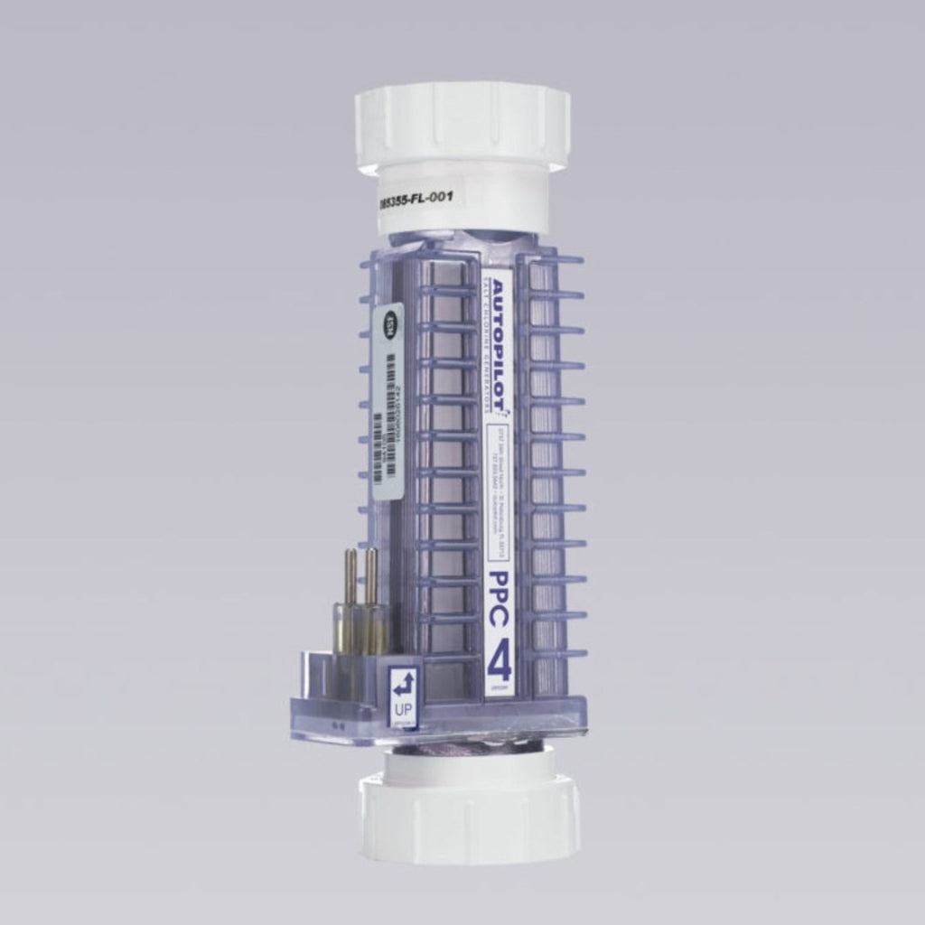 Vertical view of AutoPilot PPC4 replacement salt cell with unions for Pool Pilot system