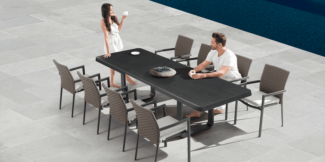 COUTURE Jardin So Chic outdoor dining table set beside a pool