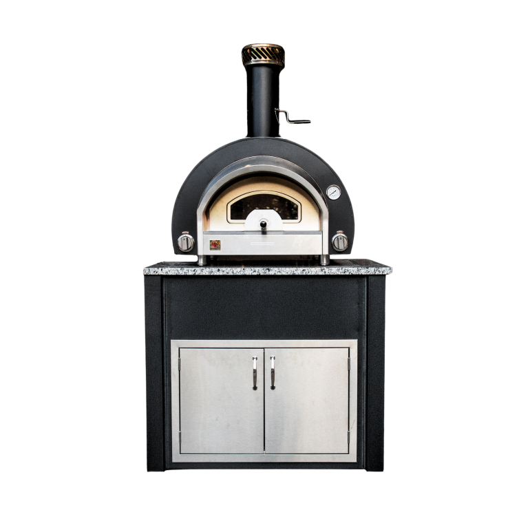 Complete Outdoor Kitchen Islands COPI42-WB-LP 42 inch hybrid pizza oven island with Wrinkle Black aluminum and Luna Pearl granite