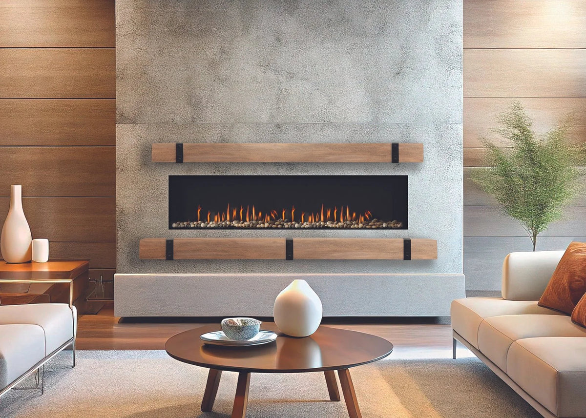 Lexington Hearth Flat Sawn Beam mantel lengthened with an extension and decorative bracket trim above a linear fireplace