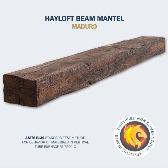 Lexington Hearth Hayloft Beam non-combustible mantel in Maduro mounted above a fireplace