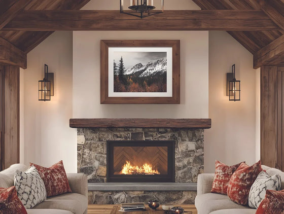 Lexington Hearth Smokehouse non-combustible mantel in Maduro in a mountain cabin living room
