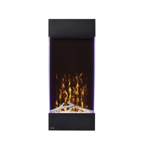 Napoleon NEFVC38H Allure 38-inch vertical electric fireplace with birch logs and purple accent lighting.