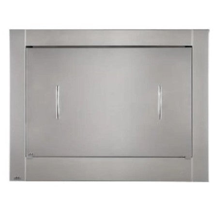 Napoleon GSS42COV stainless steel fireplace cover installed on a 42-inch Napoleon gas fireplace
