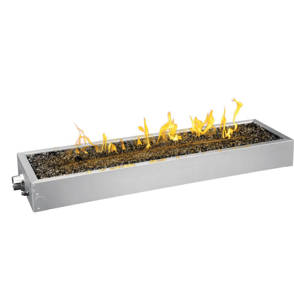 Napoleon linear gas patioflame burner with stainless steel housing and glass media producing a long horizontal flame